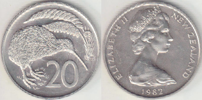 1982 New Zealand 20 Cents (chUnc) A004565